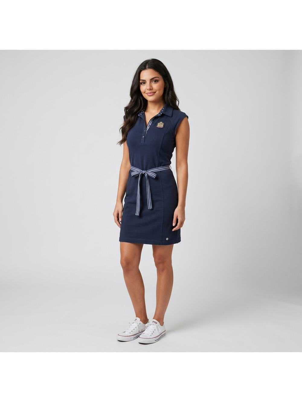 IKKS Navy Polo Dress with Embroidered Crest and Polka-Dot Satin Lining, Size M